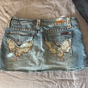 Miss Me Blue Denim Mini Skirt with Lace Accents